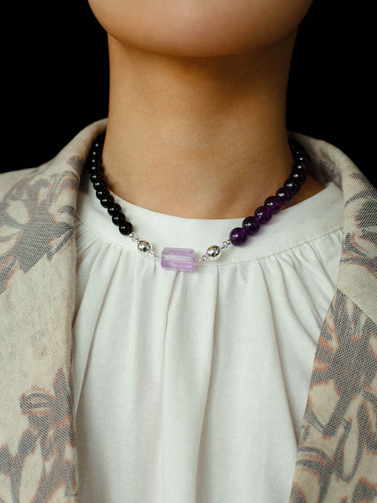 Midnight Harmony Amethyst & Black Onyx Magnetic Convertible Beaded Necklace - floysun