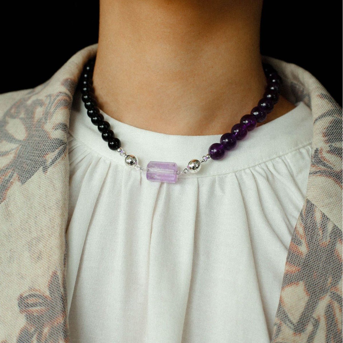 Midnight Harmony Amethyst & Black Onyx Magnetic Convertible Beaded Necklace - floysun