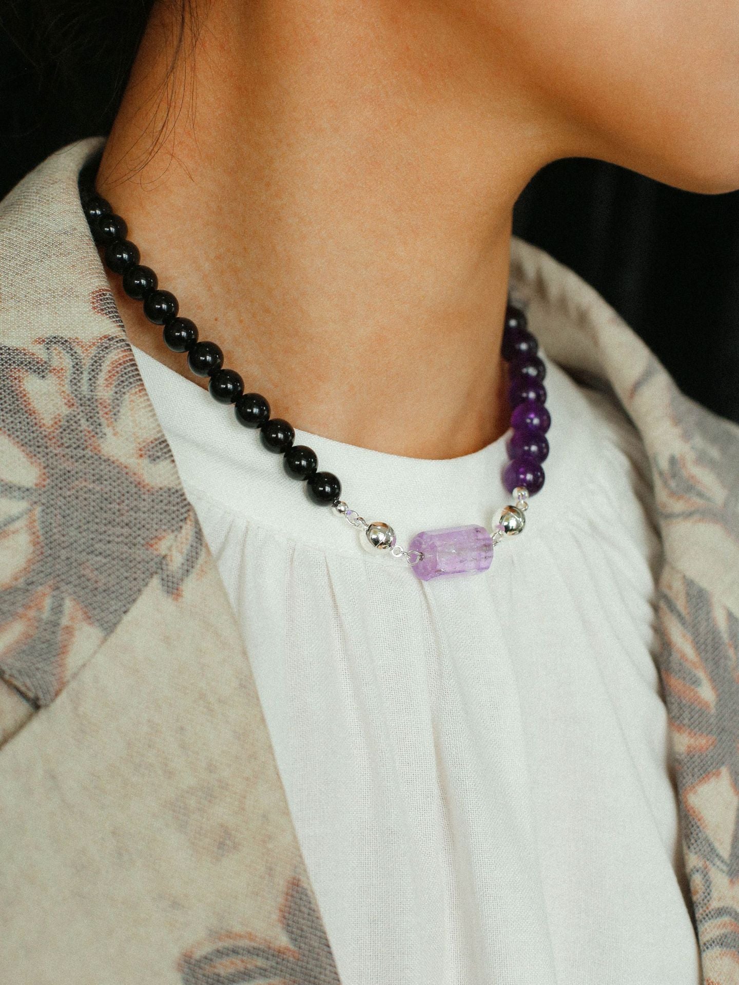 Midnight Harmony Amethyst & Black Onyx Magnetic Convertible Beaded Necklace - floysun