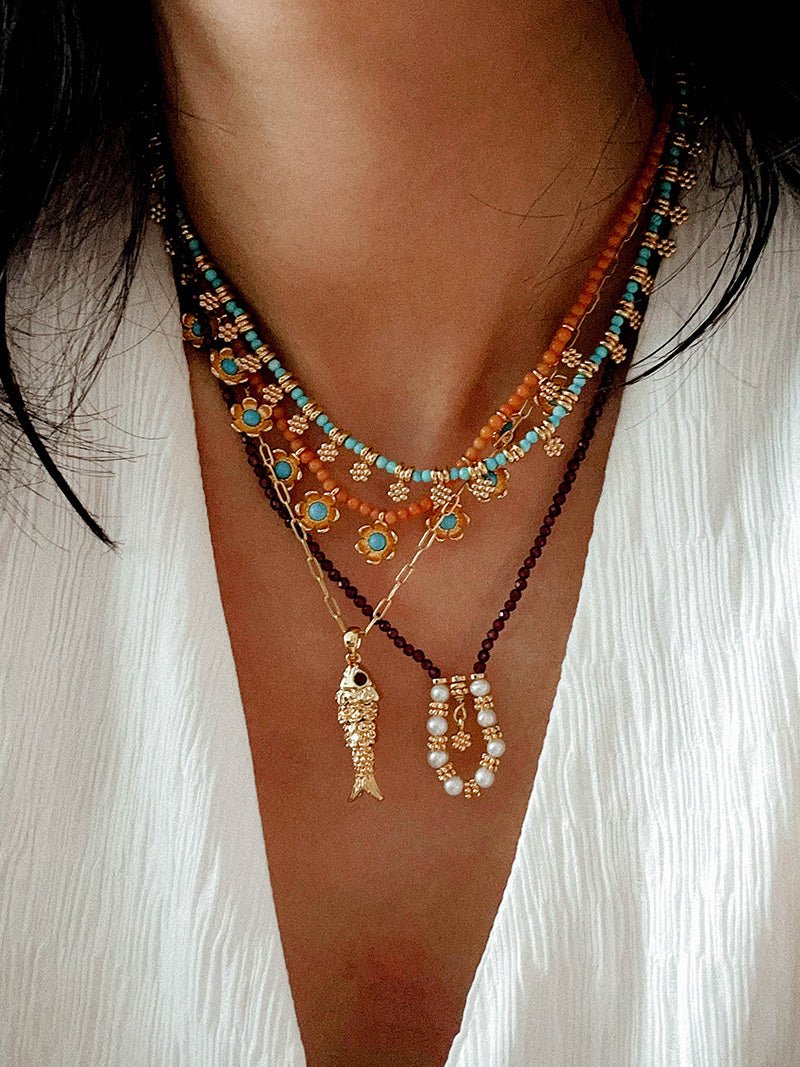 Mini Faceted Garnet Bead Necklace with Pearl & Gold Circle Pendant - floysun