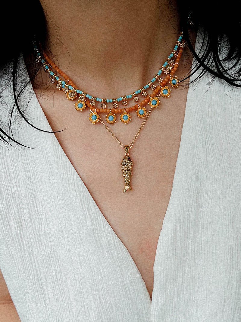 Mini Faceted Turquoise Bead Necklace with Gold Flower Pendant - floysun