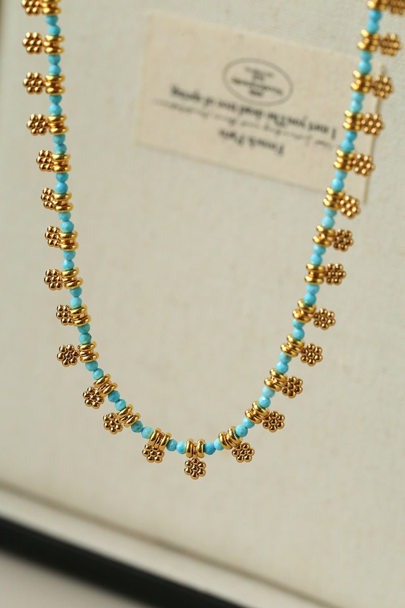 Mini Faceted Turquoise Bead Necklace with Gold Flower Pendant - floysun