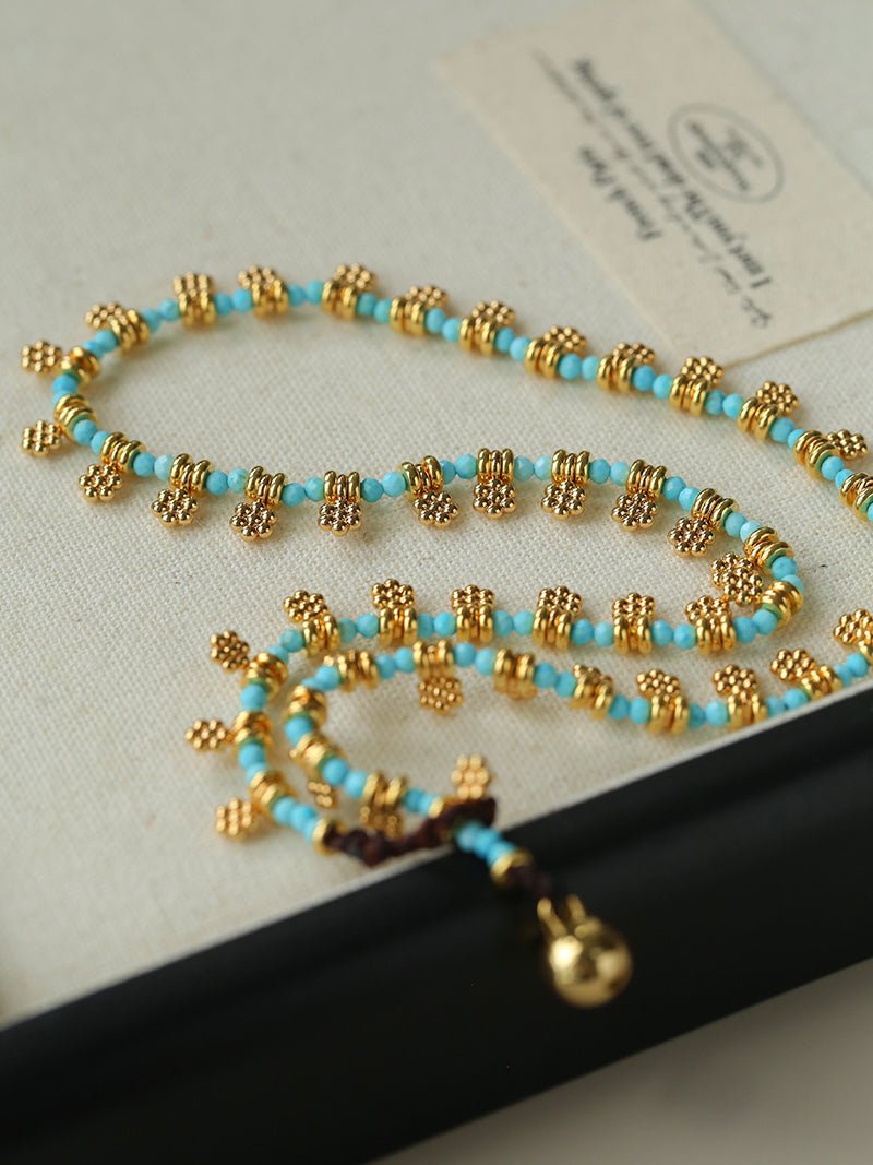 Mini Faceted Turquoise Bead Necklace with Gold Flower Pendant - floysun