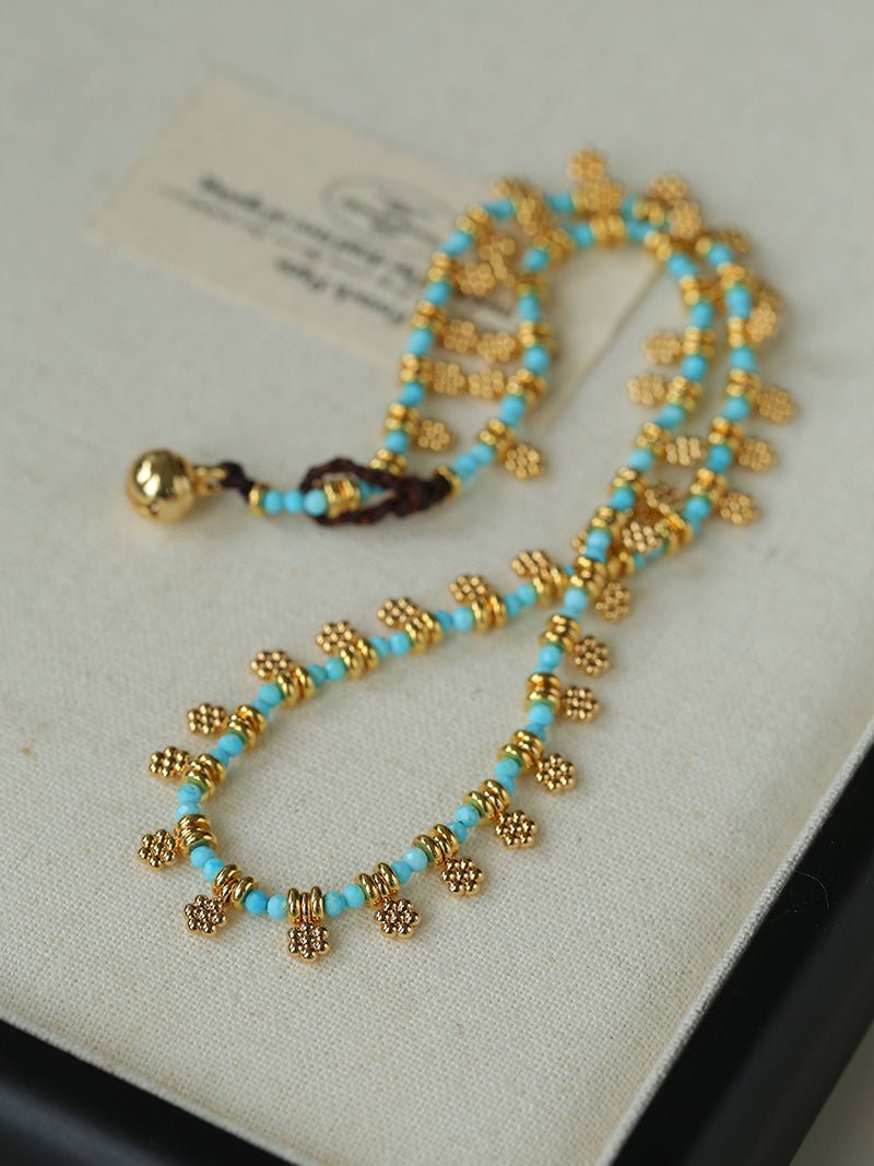Mini Faceted Turquoise Bead Necklace with Gold Flower Pendant - floysun
