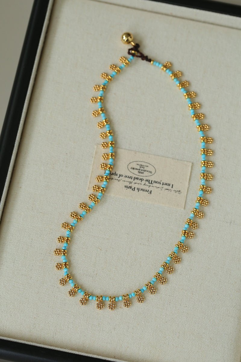 Mini Faceted Turquoise Bead Necklace with Gold Flower Pendant - floysun