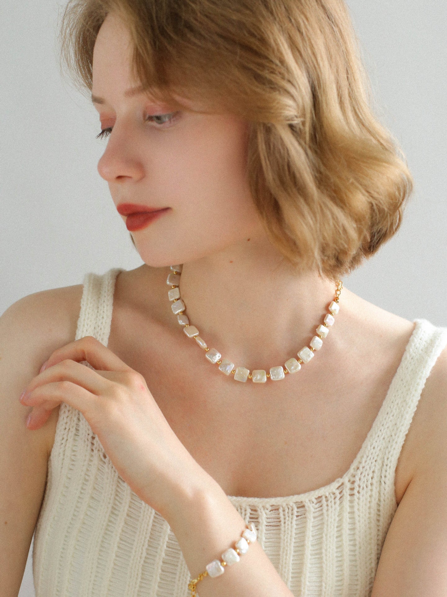 Mini Gold Bead and Square Baroque Pearl Necklace - floysun
