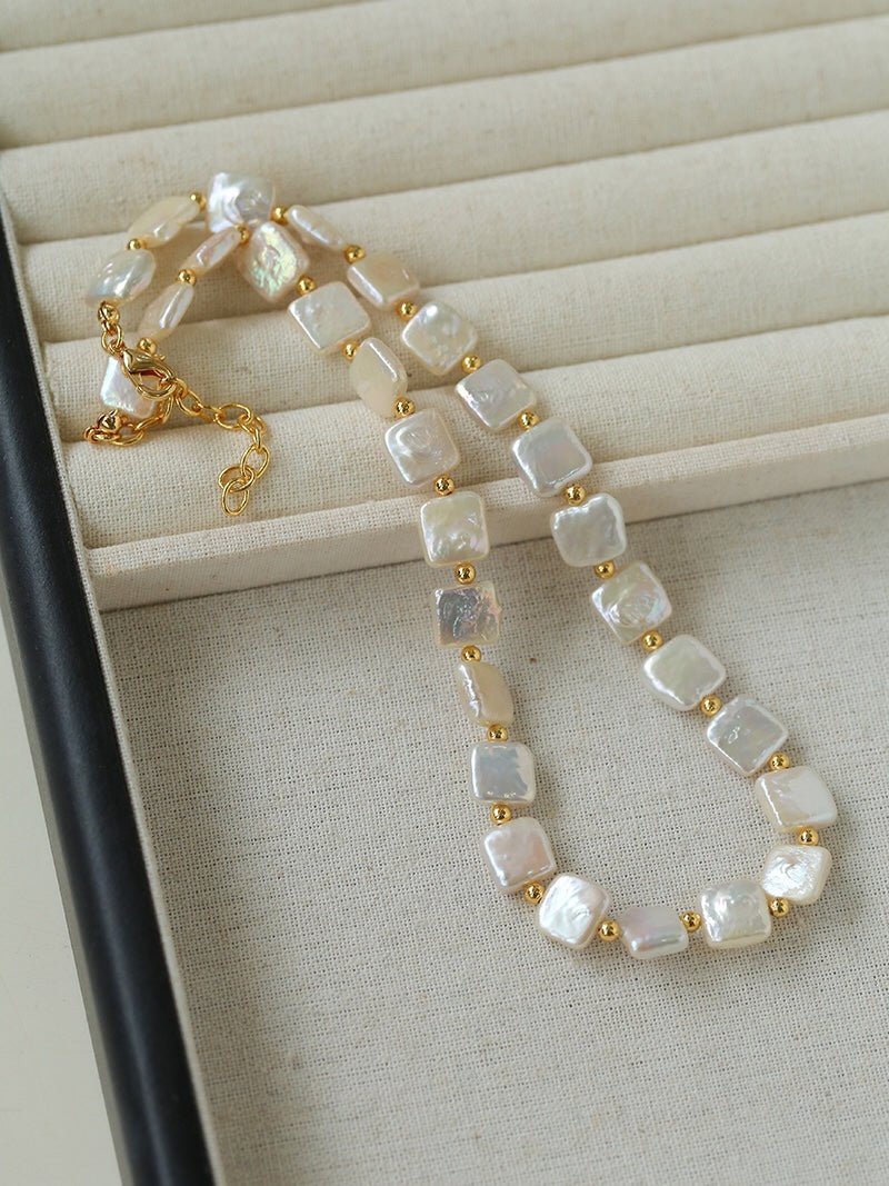 Mini Gold Bead and Square Baroque Pearl Necklace - floysun