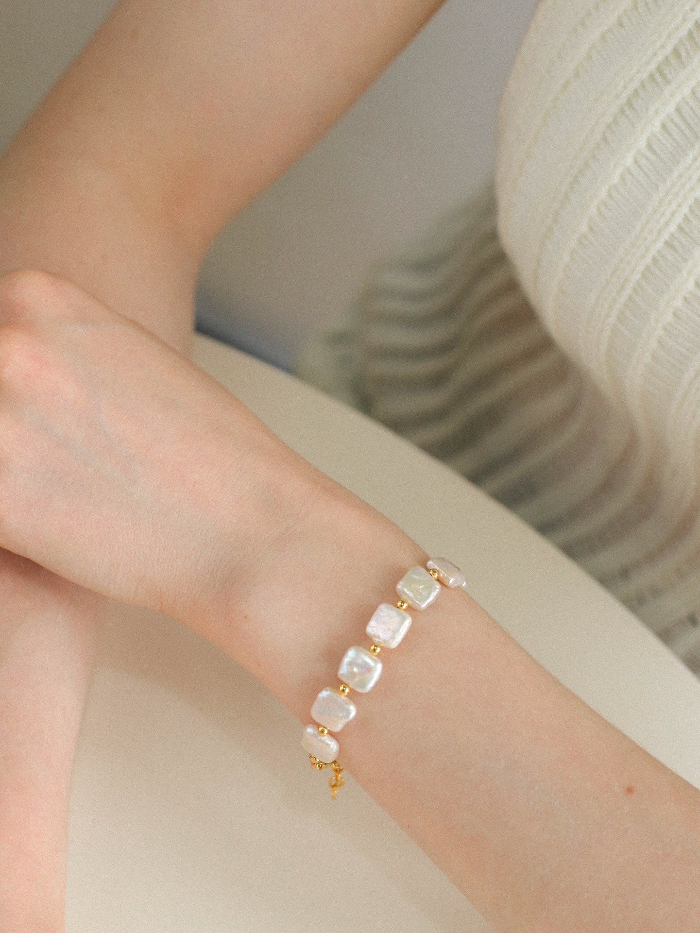 Mini Gold Bead and Square Baroque Pearl Necklace - floysun