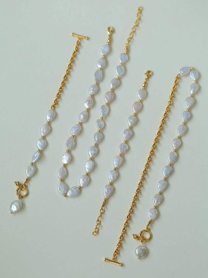 Mini Gold Bead and Teardrop Baroque Pearl Necklace - floysun