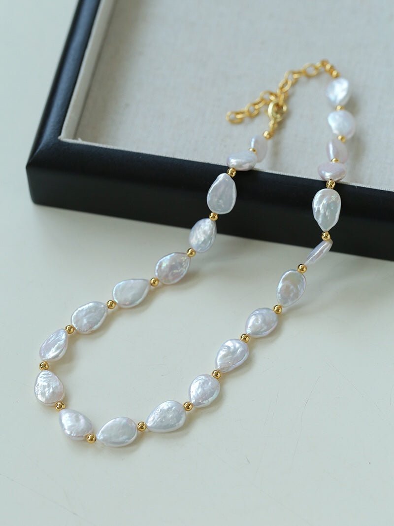 Mini Gold Bead and Teardrop Baroque Pearl Necklace - floysun