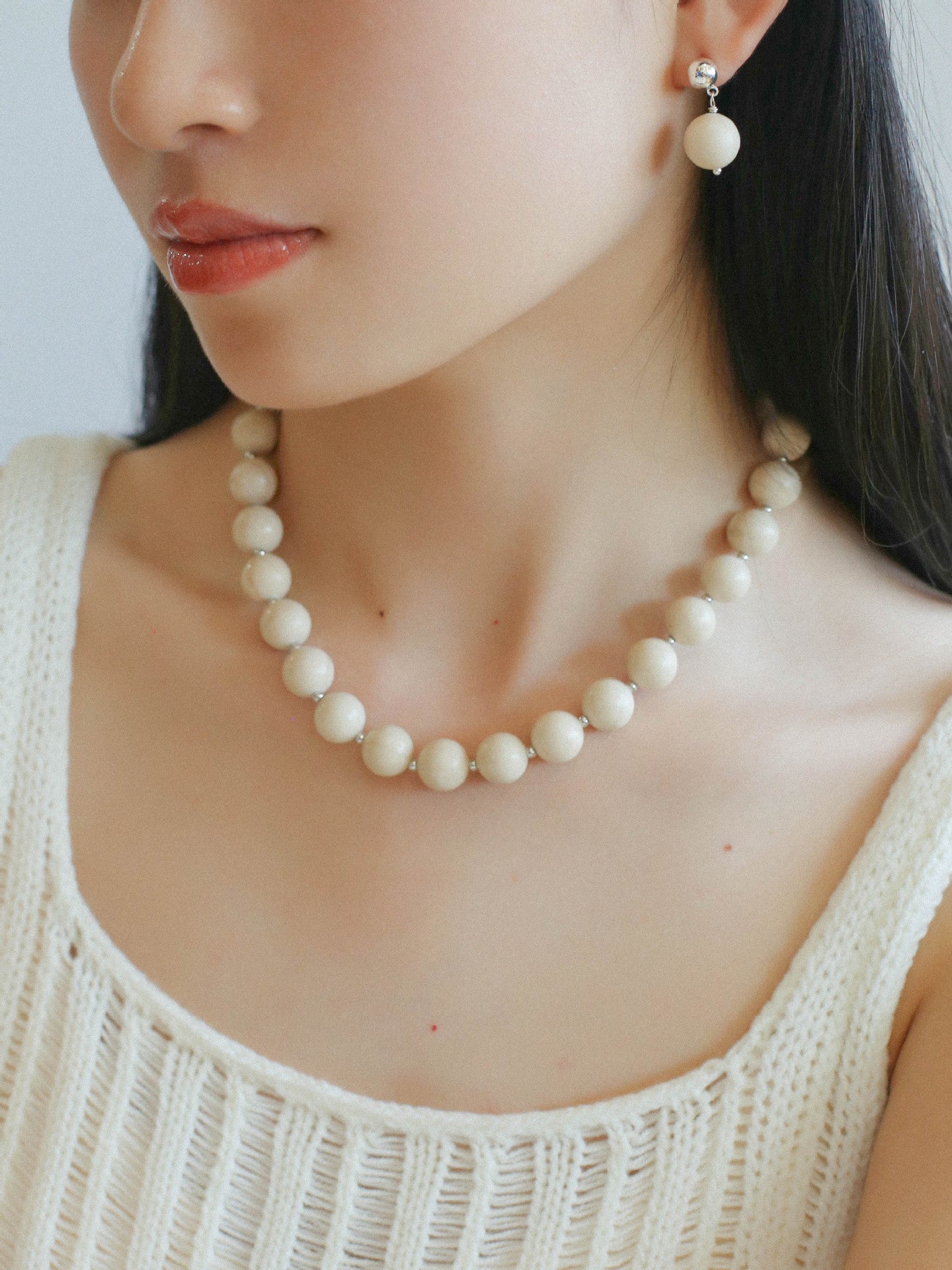 Mini Silver Bead White Fossil Beaded Necklace - floysun