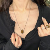 Minimalist 925 Silver Teardrop Pendant Necklace - Wood Grain Stone - floysun