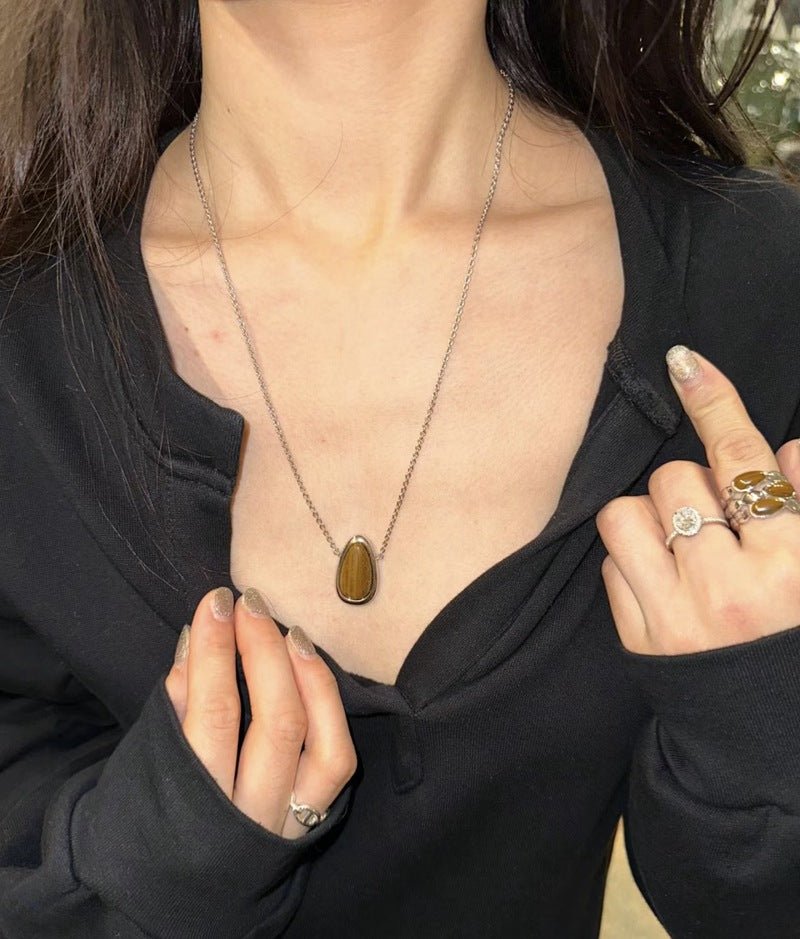 Minimalist 925 Silver Teardrop Pendant Necklace - Wood Grain Stone - floysun