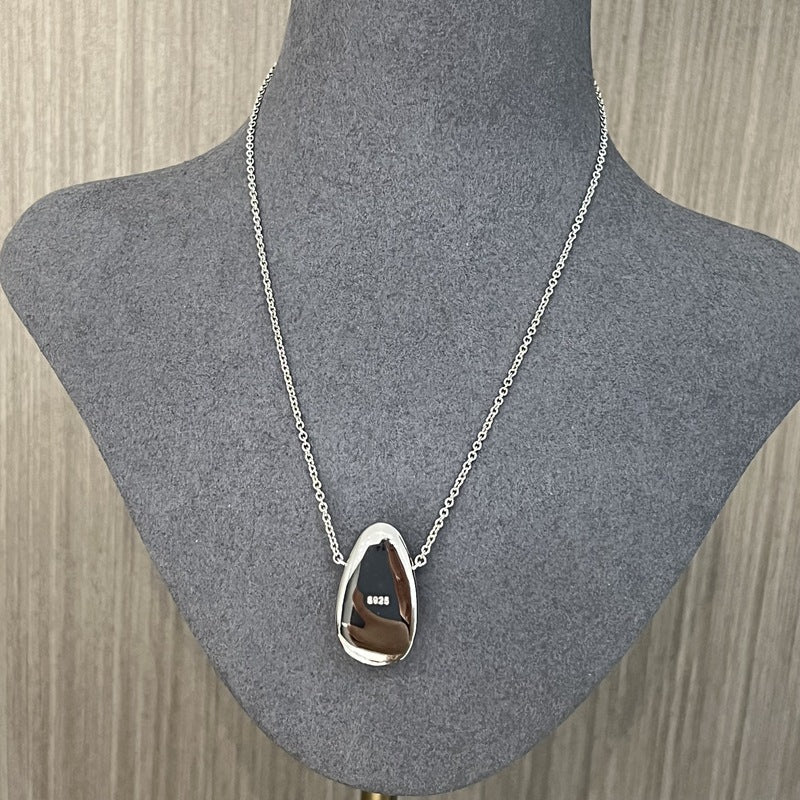 Minimalist 925 Silver Teardrop Pendant Necklace - Wood Grain Stone - floysun