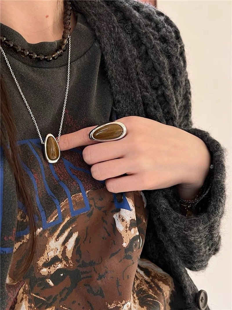 Minimalist 925 Silver Teardrop Pendant Necklace - Wood Grain Stone - floysun