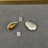 Minimalist 925 Silver Teardrop Stud Earrings - Wood Grain Stone - floysun