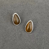 Minimalist 925 Silver Teardrop Stud Earrings - Wood Grain Stone - floysun