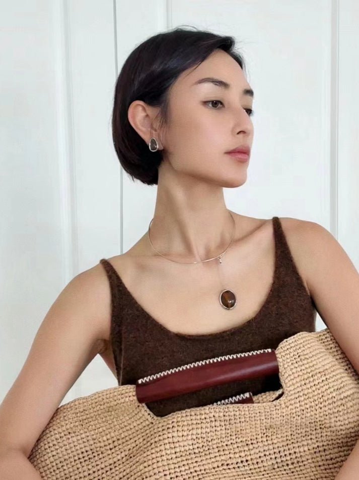 Minimalist 925 Silver Wood Grain Stone Earrings - floysun