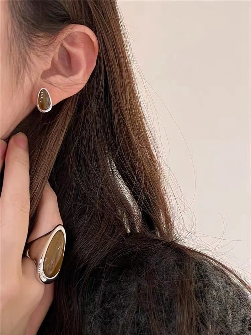 Minimalist 925 Silver Wood Grain Stone Earrings - floysun