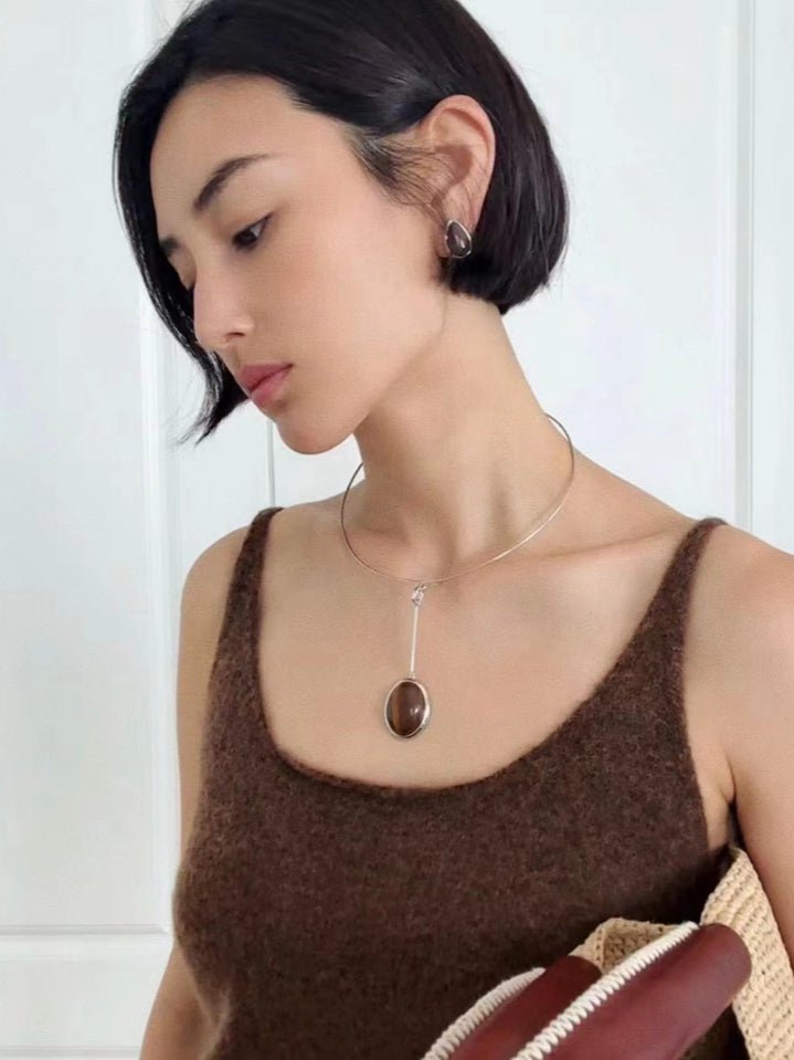 Minimalist 925 Silver Wood Grain Stone Earrings - floysun