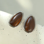 Minimalist 925 Silver Wood Grain Stone Earrings - floysun