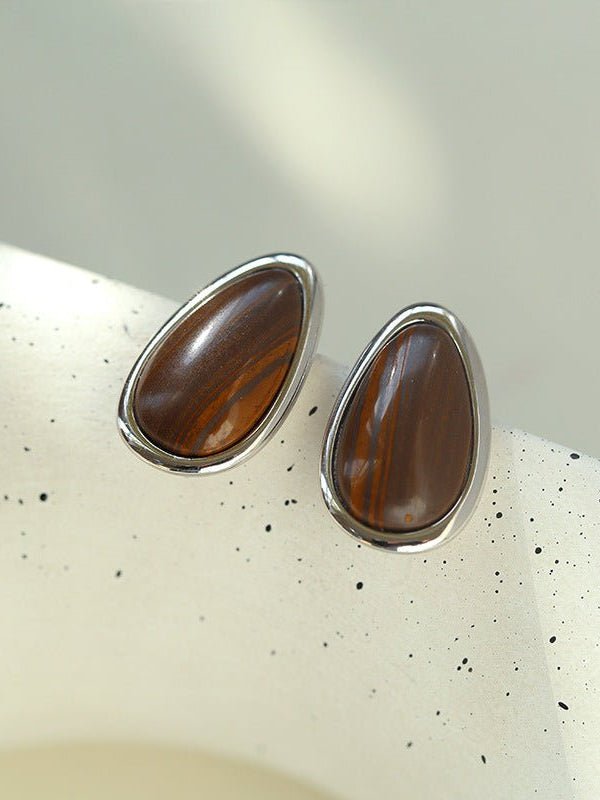 Minimalist 925 Silver Wood Grain Stone Earrings - floysun