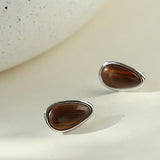 Minimalist 925 Silver Wood Grain Stone Earrings - floysun