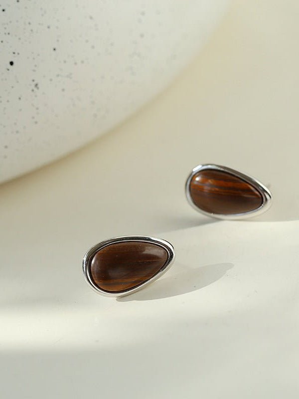Minimalist 925 Silver Wood Grain Stone Earrings - floysun