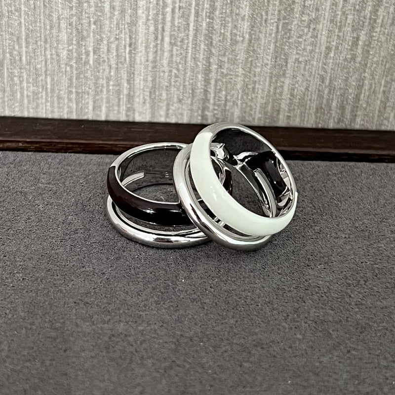 Minimalist Chocolate Enamel Double - Band Ring – Brown & White - floysun