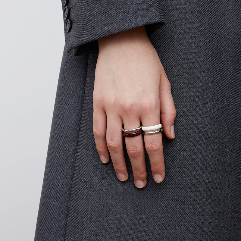Minimalist Chocolate Enamel Double - Band Ring – Brown & White - floysun