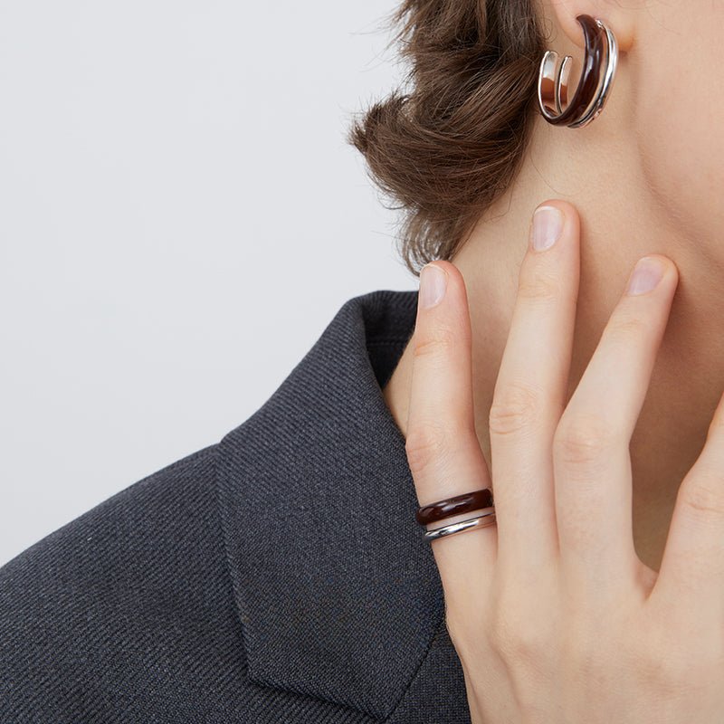 Minimalist Chocolate Enamel Double - Band Ring – Brown & White - floysun