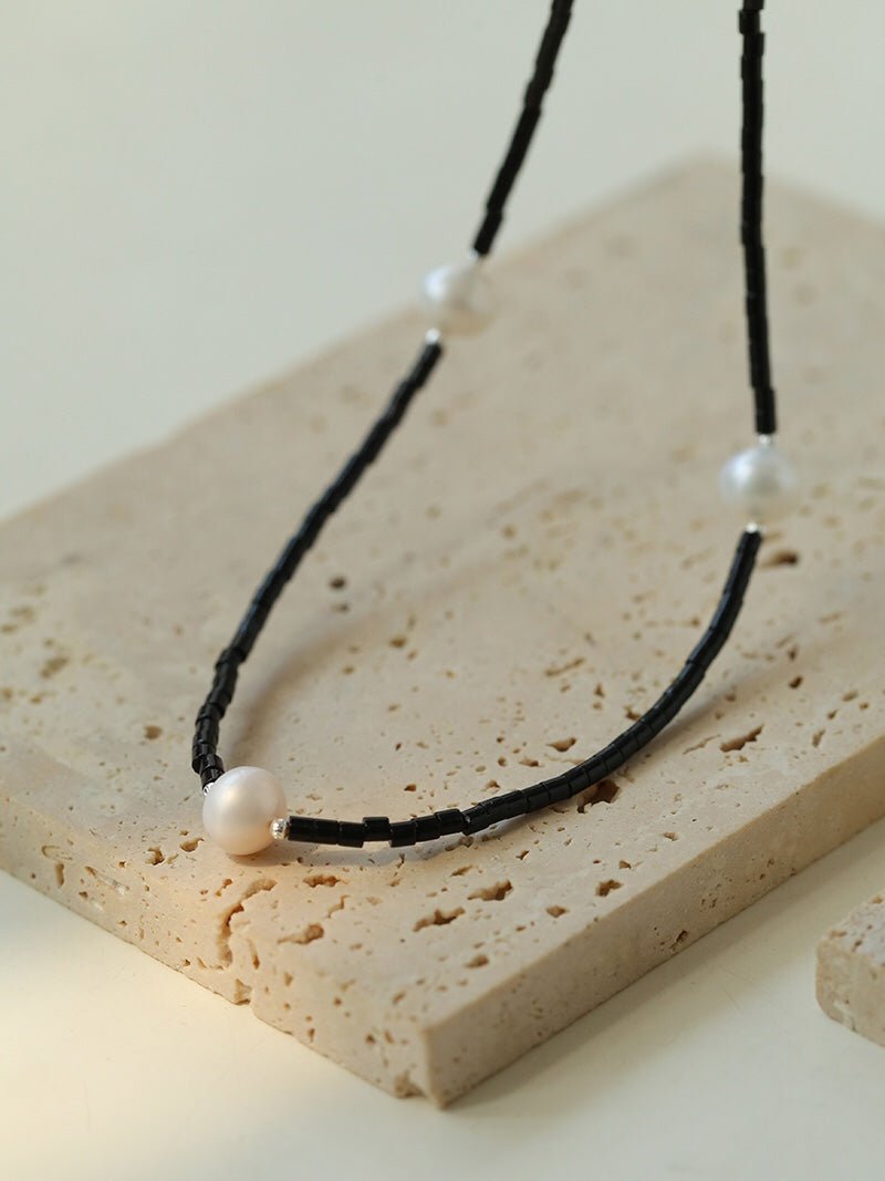 Minimalist Modern Pearl and Black Onyx Beaded Necklace - floysun