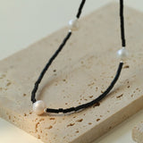 Minimalist Modern Pearl and Black Onyx Beaded Necklace - floysun