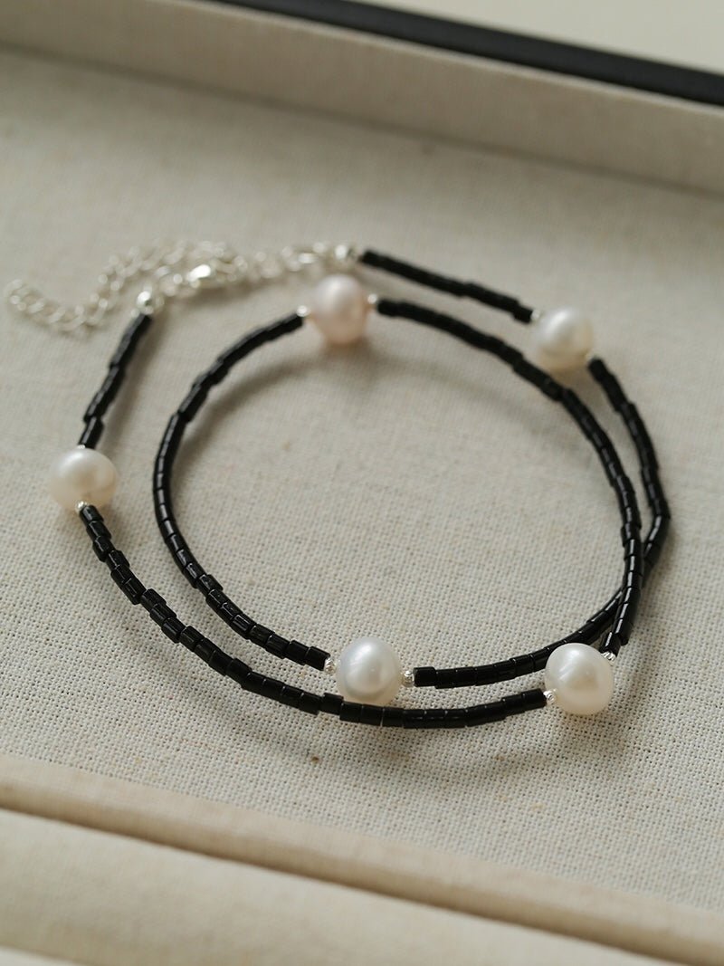 Minimalist Modern Pearl and Black Onyx Beaded Necklace - floysun