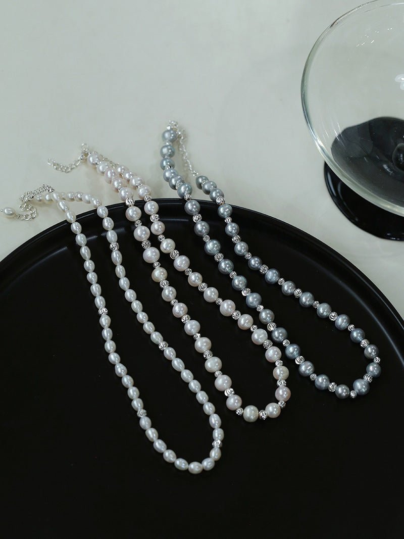Minimalist Rice Freshwater Pearl Silver Bean Necklace - Rice Pearl - floysun
