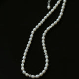 Minimalist Rice Freshwater Pearl Silver Bean Necklace - Rice Pearl - floysun