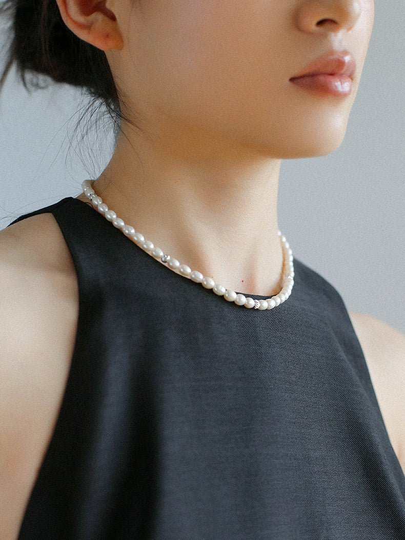 Minimalist Rice Freshwater Pearl Silver Bean Necklace - Rice Pearl - floysun