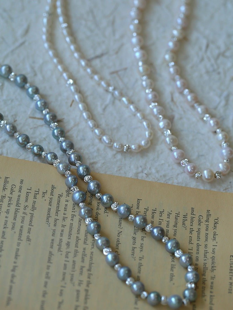 Minimalist Rice Freshwater Pearl Silver Bean Necklace - Rice Pearl - floysun