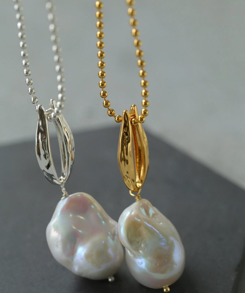 Minimalist Willow Leaf Baroque Pearl Pendant Necklace - floysun
