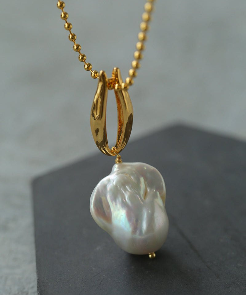 Minimalist Willow Leaf Baroque Pearl Pendant Necklace - floysun