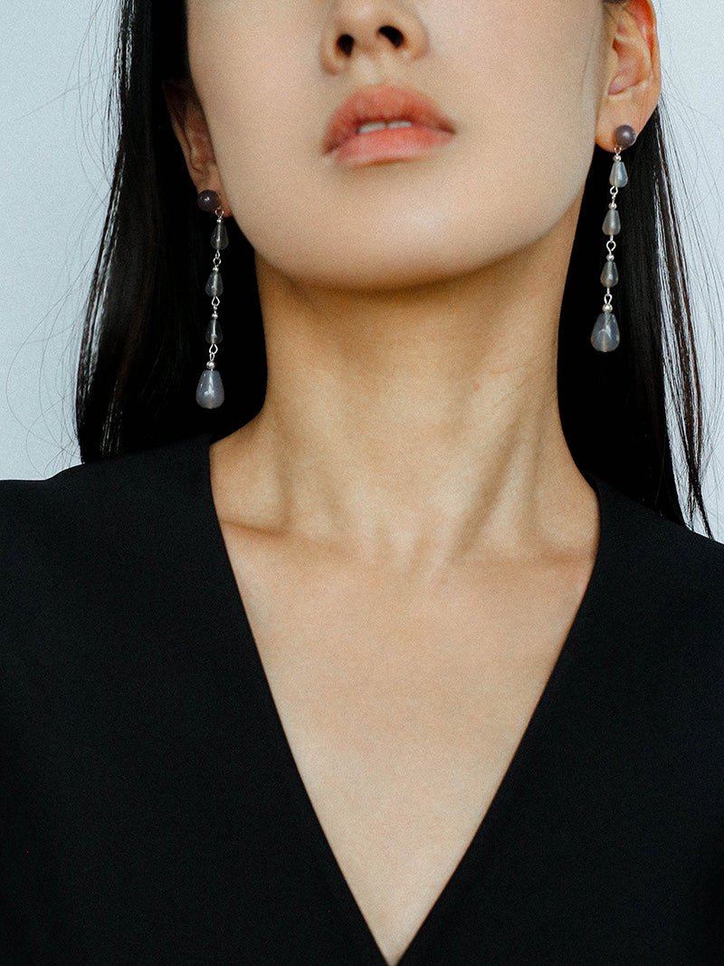 Mist Moon Grey Agate Drop Earrings - floysun