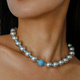 Misty Sky · Grey Pearl & Blue Aventurine Necklace - floysun
