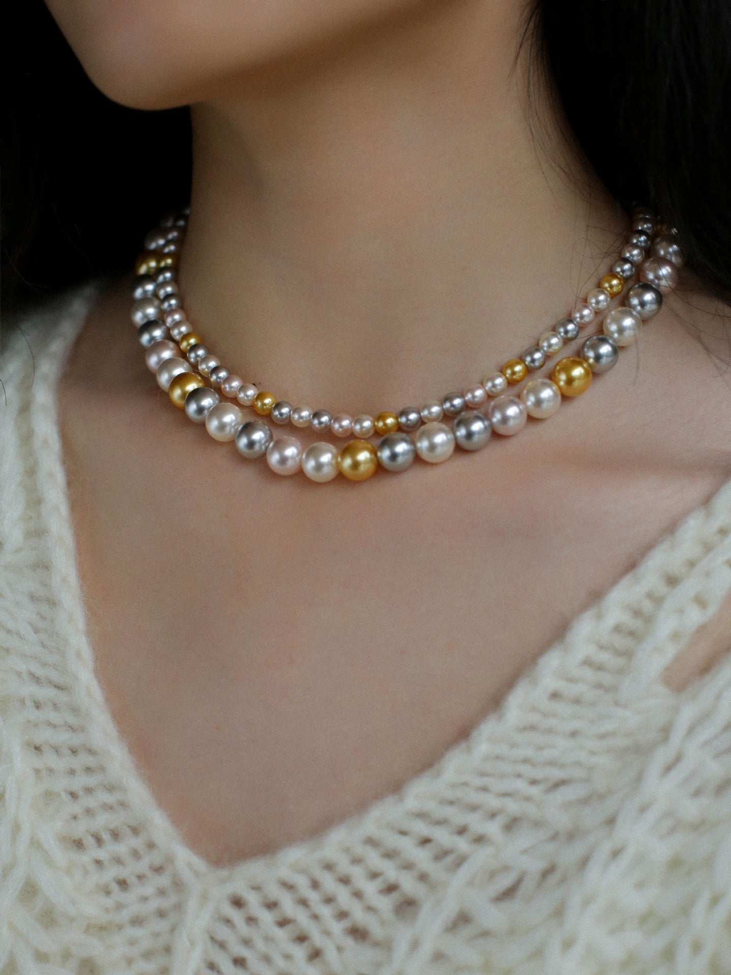 Mixed Color Hemp Gray Tahitian Round Artificial Pearl Necklace - 6mm Pearls - floysun