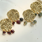 Molten Muse Textured Metal Garnet / Moss Agate Earrings - floysun