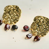 Molten Muse Textured Metal Garnet / Moss Agate Earrings - floysun