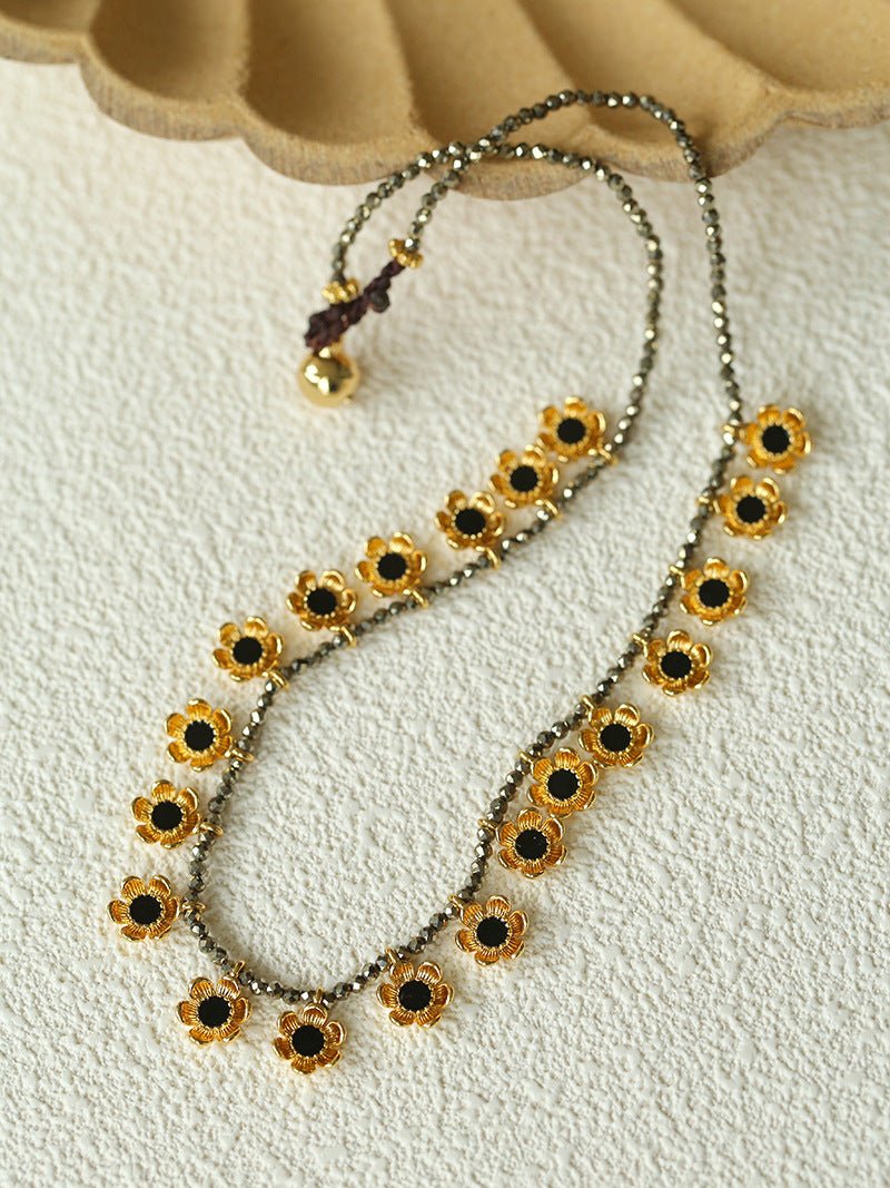 Monet’s Garden Necklace – Faceted Golden Ore or Gold Beads with Enamel Flower Pendants - floysun