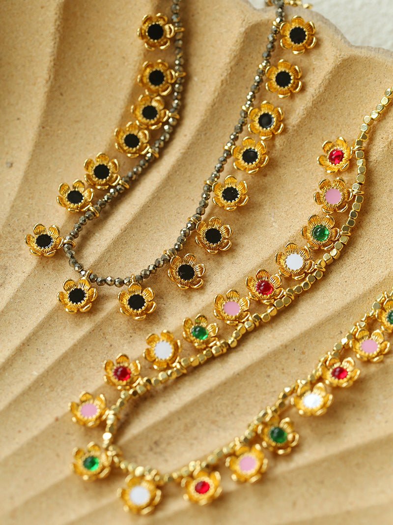 Monet’s Garden Necklace – Faceted Golden Ore or Gold Beads with Enamel Flower Pendants - floysun