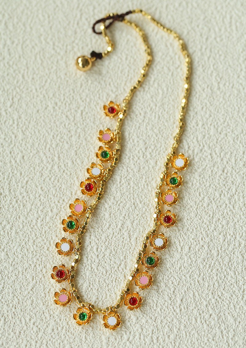 Monet’s Garden Necklace – Faceted Golden Ore or Gold Beads with Enamel Flower Pendants - floysun