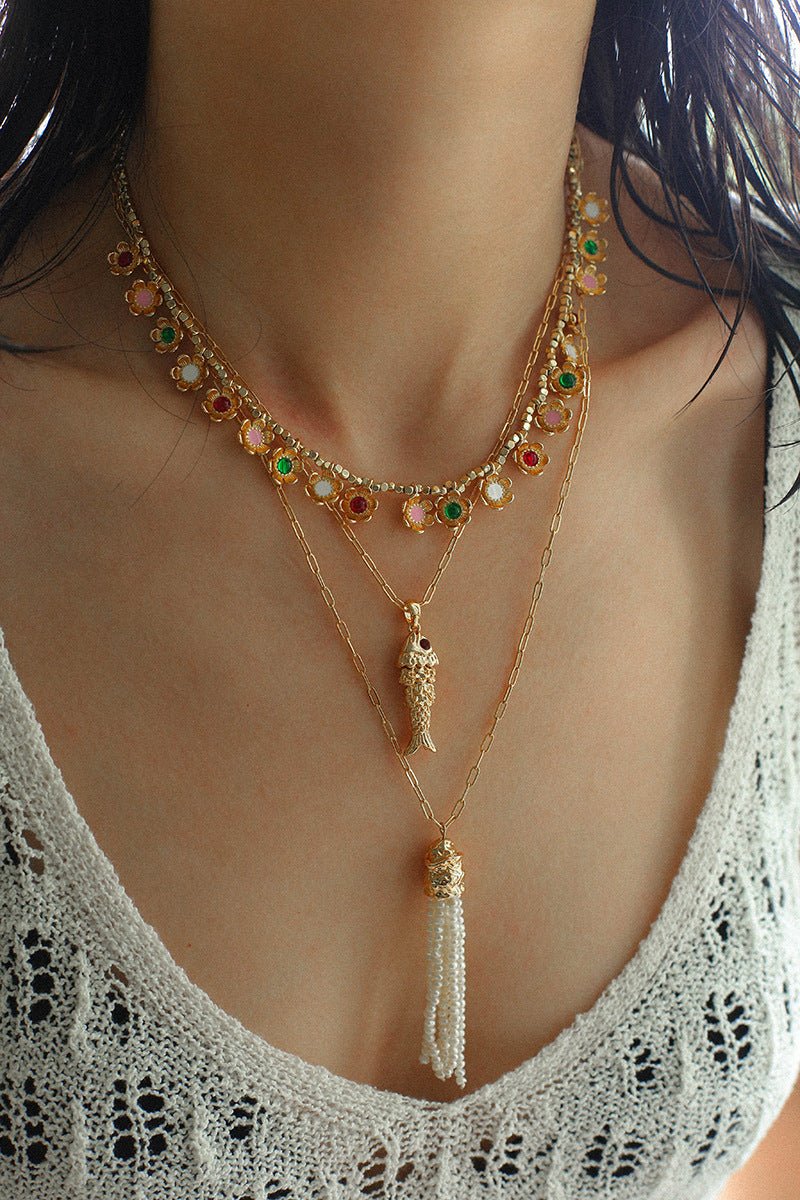 Monet’s Garden Necklace – Faceted Golden Ore or Gold Beads with Enamel Flower Pendants - floysun