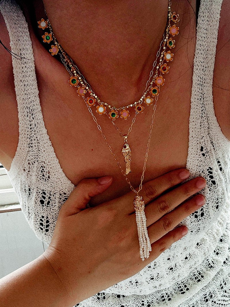 Monet’s Garden Necklace – Faceted Golden Ore or Gold Beads with Enamel Flower Pendants - floysun